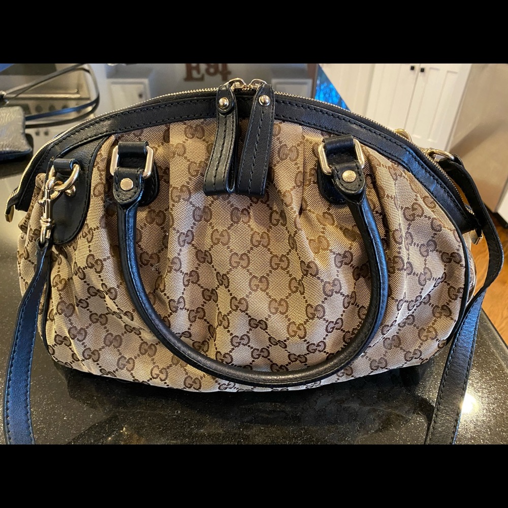 Gucci hobo bag brown logo with black leather trim